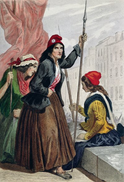 A guillotine trikoteusai a Saint-Roch-templom lépcsőjén, 1793. október 16. (színes metszet) alkotó: Henri Baron